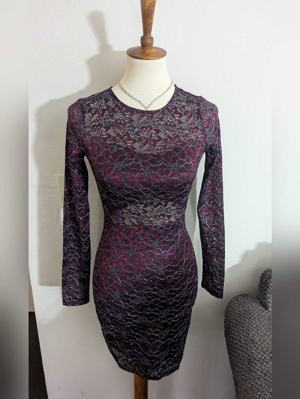 Express Dark Berry Metallic Lace Open Cutout Back Bodycon Sheath Dress XS